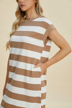 Load image into Gallery viewer, Full Size Striped Round Neck Cap Sleeve Mini Dress For Women – Striped Mini Dress, Full-Size Round Neck Dress, Comfortable Cap Sleeve Dress, Chic Striped Dress, Flattering Mini Dress, Casual Everyday Dress, Versatile Striped Dress