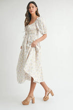 Load image into Gallery viewer, Floral Drawstring Detail Puff Sleeve Midi Dress – Romantic Floral Midi Dress, Ruched Drawstring Dress, Feminine Puff Sleeve Dress, Trendy Garden Party Dress For Summer