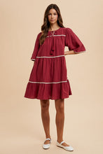 Load image into Gallery viewer, Tassel Contrast Trim Tie Neck Half Sleeve Tiered Dress – Bohemian-Inspired Dress with Tassel Details, Adjustable Tie Neck, and Tiered Design for a Flowing, Feminine Silhouette