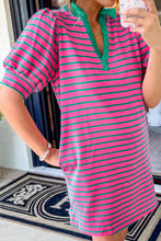 Load image into Gallery viewer, Pink Striped Collar Puff Sleeve Mini Tee Dress Chic & Casual Statement Piece Simple Women Dress