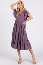 Load image into Gallery viewer, Ruffle Sleeve Collared V Neck Tiered Midi Dress For Women – Elegant and Feminine Dress with Ruffled Sleeves and Tiered Design
