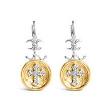 Load image into Gallery viewer, 18K Yellow Gold Plated .925 Sterling Silver 1/8 Cttw Diamond Hammered Finished Medallion with Cross Drop and Dangle Earrings (I-J Color, SI1-SI2 Clarity)