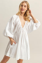 Load image into Gallery viewer, New Plunge Balloon Sleeve Poplin Mini Dress with Pockets For Summer Bold, Elegant, Sexy, Trendy, and Practical with Dramatic Balloon Sleeves and Plunging Neckline for a Fashion-Forward Look
