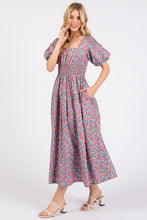 Load image into Gallery viewer, New Summer Smocked Floral Square Neck Puff Sleeve Midi Dress – Vintage-Inspired, Feminine, Trendy, Romantic, and Flattering Fit
