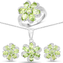 Load image into Gallery viewer, 8.04 Carat Genuine Peridot and White Topaz .925 Sterling Silver 3 Piece Jewelry Set (Ring, Earrings, and Pendant w/ Chain)