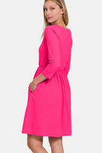 Load image into Gallery viewer, Three-Quarter Sleeve Surplice Dress with Pockets – Surplice Neckline Dress, Three-Quarter Sleeve Dress, Pocketed Mini Dress, Flattering Surplice Dress, Casual Surplice Dress, Elegant Mini Dress, Feminine Mini Dress