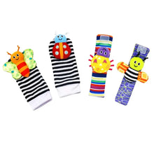 Load image into Gallery viewer, 4 PCS Baby Rattle Toy Set Soft Animal Socks & Wrist Straps for Newborns 0–12 Months Educational Plush Toys