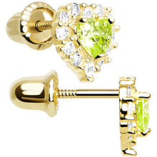 Load image into Gallery viewer, 14k Yellow Gold Heart CZ August Birthstone Youth Screwback Earrings