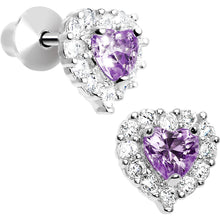 Load image into Gallery viewer, Sterling Silver Heart CZ February Birthstone Youth Screwback Earrings