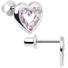 Load image into Gallery viewer, .925 Sterling Silver June CZ Open Heart Youth Screwback Earrings