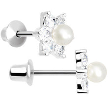 Load image into Gallery viewer, .925 Sterling Silver Clear CZ Pearl Flower Youth Screwback Earrings