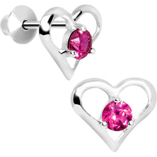 Load image into Gallery viewer, .925 Sterling Silver Pink CZ Hollow Heart Youth Screwback Earrings