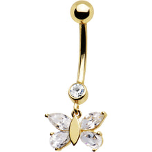 Load image into Gallery viewer, 16G Solid 14k Yellow Gold Dangle CZ Butterfly Belly Ring
