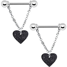 Load image into Gallery viewer, Black Glitter Heart Chain Dangle Nipple Ring Set