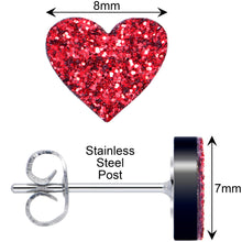 Load image into Gallery viewer, Ruby Red Glitter Heart Stud Earrings