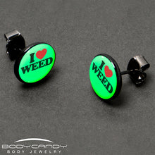 Load image into Gallery viewer, Black Anodized I Love Weed Glow in the Dark Stud Earrings by Onyx O