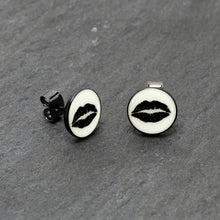 Load image into Gallery viewer, Black Anodized Steel Lipstick Kiss Mark Glow in the Dark Stud Earrings by Onyx O