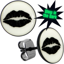 Load image into Gallery viewer, Black Anodized Steel Lipstick Kiss Mark Glow in the Dark Stud Earrings by Onyx O