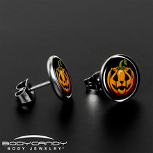 Load image into Gallery viewer, Orange Pumpkin Cat Jack-O-Lantern Stud Earrings by Onyx O
