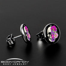 Load image into Gallery viewer, Floral Flowers Skull Stud Earrings by Onyx O