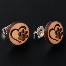 Load image into Gallery viewer, Natural Maple Wood Heart Paw Print Stud Earrings
