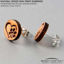 Load image into Gallery viewer, Natural Maple Wood Heart Paw Print Stud Earrings