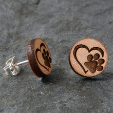 Load image into Gallery viewer, Natural Maple Wood Heart Paw Print Stud Earrings