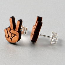 Load image into Gallery viewer, Natural Maple Wood Peace Sign Fingers Stud Earrings