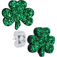 Load image into Gallery viewer, Stainless Steel Green Glitter Shamrock St Patricks Stud Earrings