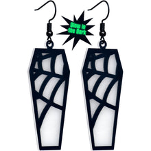Load image into Gallery viewer, Black Spider Web Coffin Glow in the Dark Dangle Earrings by Onyx O