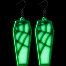 Load image into Gallery viewer, Black Spider Web Coffin Glow in the Dark Dangle Earrings by Onyx O