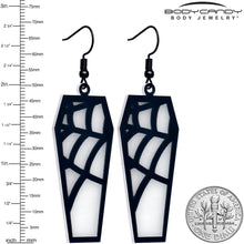 Load image into Gallery viewer, Black Spider Web Coffin Glow in the Dark Dangle Earrings by Onyx O