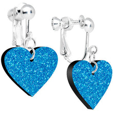 Load image into Gallery viewer, Island Blue Glitter Heart Dangle Clip Earrings