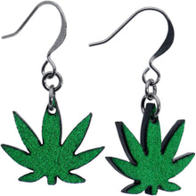 Load image into Gallery viewer, Green Marijuana Pot Leaf Dangle Earrings