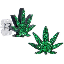 Load image into Gallery viewer, Green Glitter Marijuana Pot Leaf Stud Earrings
