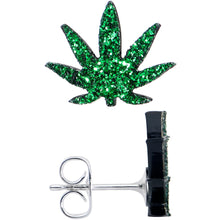 Load image into Gallery viewer, Green Glitter Marijuana Pot Leaf Stud Earrings
