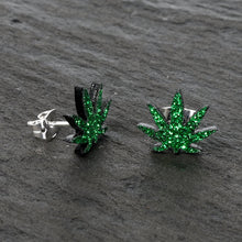 Load image into Gallery viewer, Green Glitter Marijuana Pot Leaf Stud Earrings