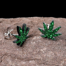 Load image into Gallery viewer, Green Glitter Marijuana Pot Leaf Stud Earrings