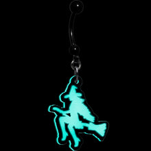 Load image into Gallery viewer, Glow in the Dark Halloween Flying Witch on Broom Dangle Belly Ring