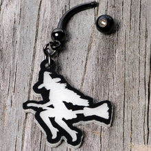 Load image into Gallery viewer, Glow in the Dark Halloween Flying Witch on Broom Dangle Belly Ring