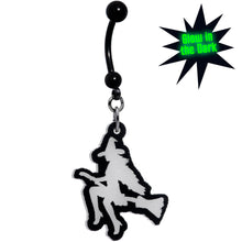 Load image into Gallery viewer, Glow in the Dark Halloween Flying Witch on Broom Dangle Belly Ring