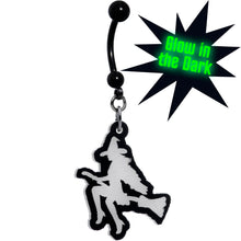 Load image into Gallery viewer, Glow in the Dark Halloween Flying Witch on Broom Dangle Belly Ring