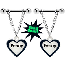 Load image into Gallery viewer, Custom Heart Glow in the Dark Chain Personalized Name Dangle Nipple Ring Set
