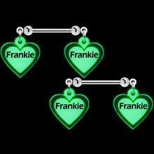 Load image into Gallery viewer, Custom Heart Glow in the Dark Double Personalized Name Dangle Nipple Ring Set