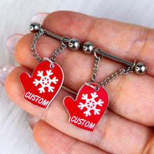 Load image into Gallery viewer, Custom Holiday Mittens Personalized Dangle Barbell Nipple Ring Set