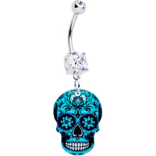 Load image into Gallery viewer, Acrylicious Shades of Aqua Sugar Skull Dangle Belly Ring