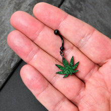 Load image into Gallery viewer, Green Glitter Marijuana Pot Leaf Black Dangle Belly Ring