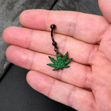 Load image into Gallery viewer, Green Glitter Marijuana Pot Leaf Black Dangle Belly Ring