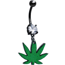Load image into Gallery viewer, Double Gem Green Marijuana Pot Leaf Black Dangle Belly Ring