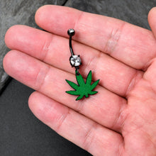 Load image into Gallery viewer, Double Gem Green Marijuana Pot Leaf Black Dangle Belly Ring